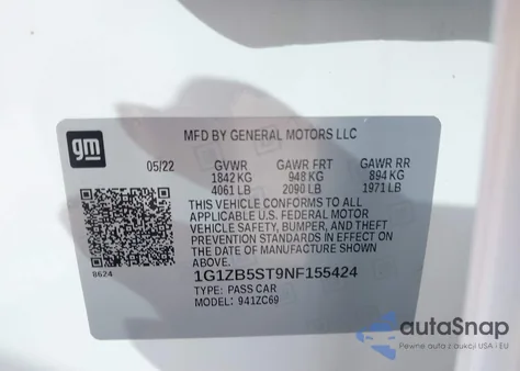 2022 Chevrolet Malibu Fwd Ls z USA, uszkodzony, nr VIN 1G1ZB5ST9NF155424